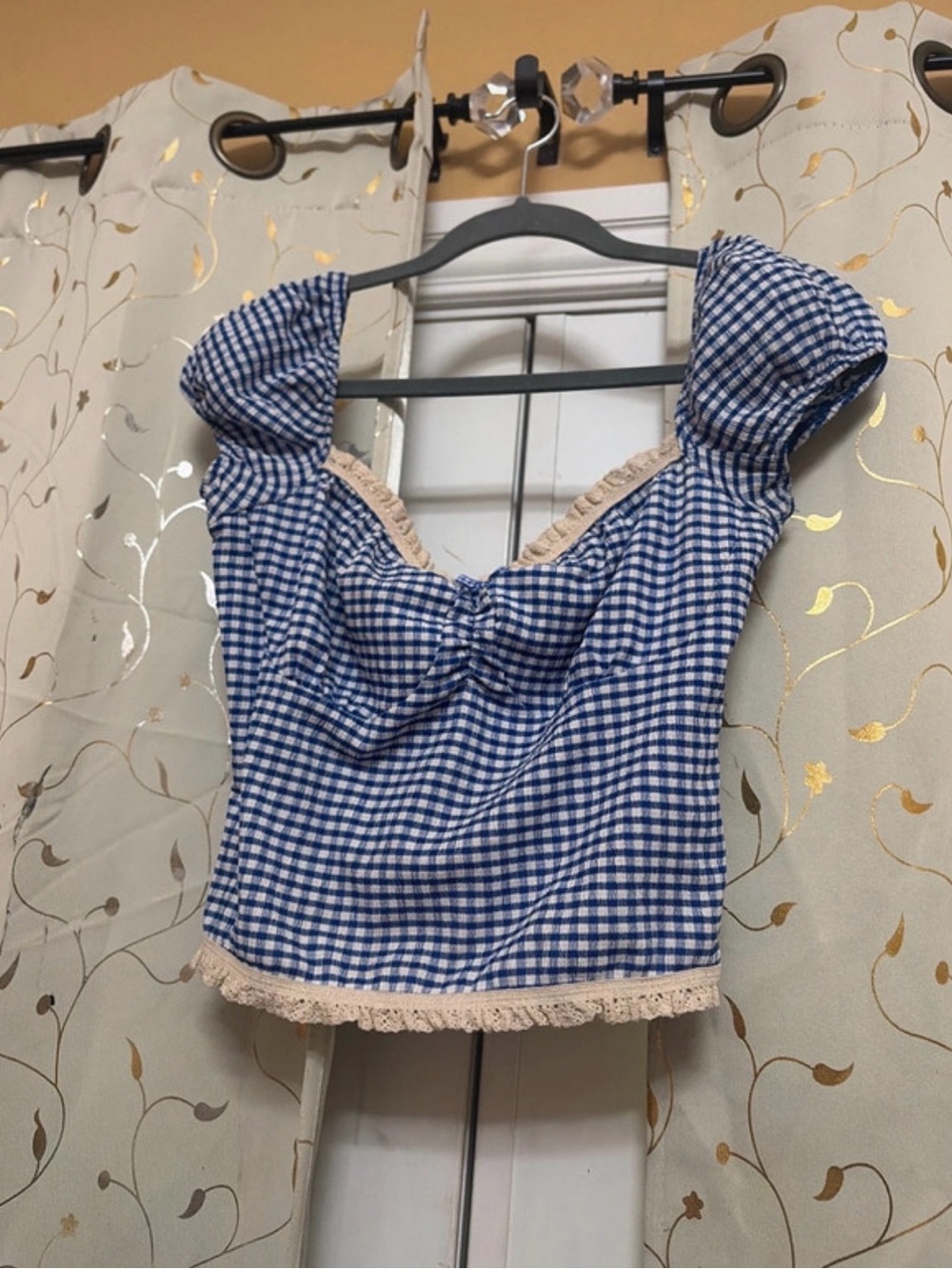 Blue Gingham Puff-Sleeve Crop Top with Lace Trim